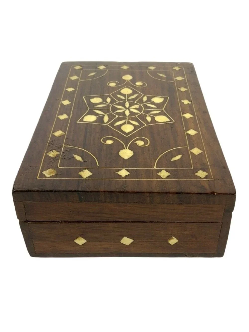 Handcrafted Wooden Jewelry Stash Box Inlaid Design Rectangular Stars Boho